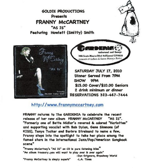 Franny McCartney, Former Harlette, Returns To The Gardenia July 17