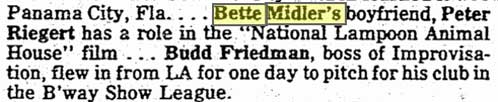 BetteBack July 11, 1978: Bette Midler's Boyfriend Gets Role In "Animal House"