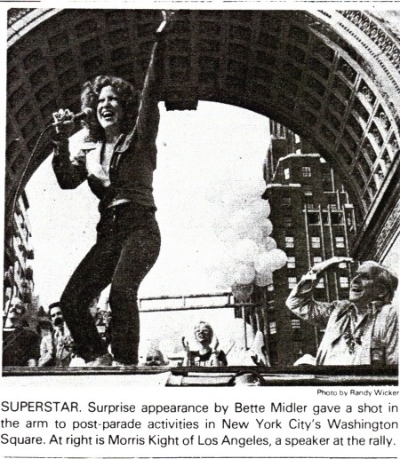 Bette Midler makes a surprise appearance at the gay liberation parade to calm down crowd in 1973 New York crowd by singing "Friends"