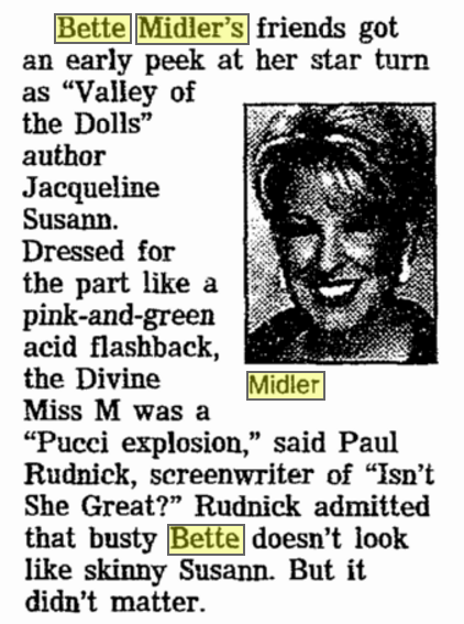 BetteBack April 29, 1999: Bette Midler's Friends Get Early Peek At Her Jaqueline Susann