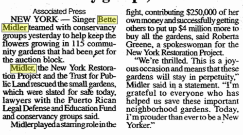 BetteBack  May 13, 1999: Bette Midler Buys Up Community Gardens On Auction Block
