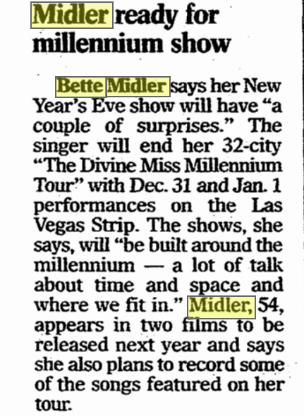 BetteBack December 23, 1999: Midler Ready For Millennium Show