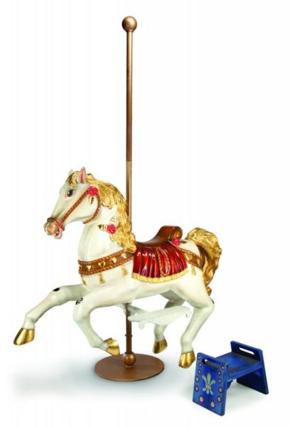 A large-scale painted fiberglass prop carousel horse with painted wood step stool contained in custom wood transport cart on wheels designed by Constance Hoffman and Michael Cotten