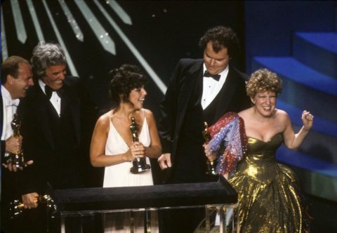 Bette Midler presents Oscar for Best Song in 1982 to Sager, Bacharach, Christopher Cross, and Peter Allen