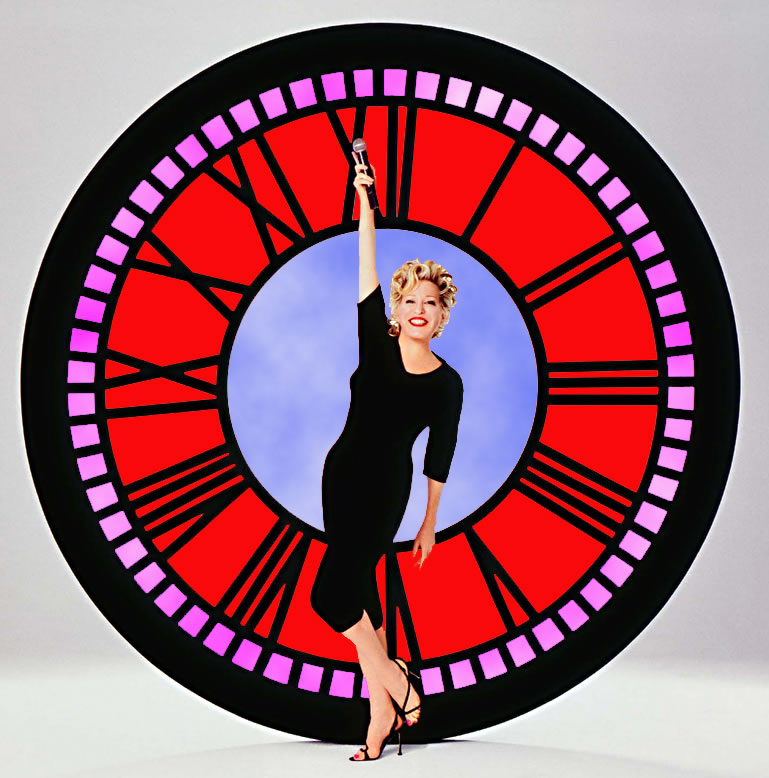 Bette Midler in front of a clock