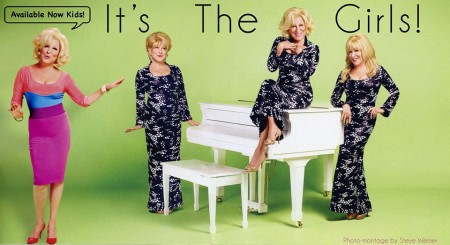 Promo photo of four women in 1960s-style outfits around a white piano on a lime background; headline reads 'It's The Girls!'