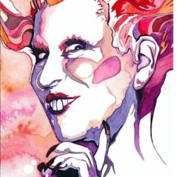 Colorful watercolor portrait of a smiling woman with pink and orange hair, hand near her chin.