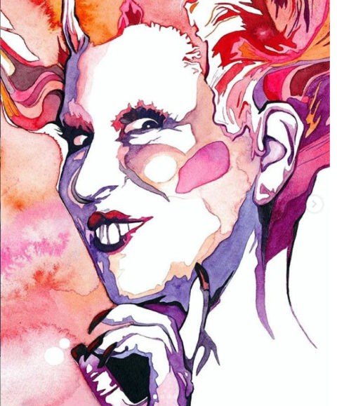 Colorful watercolor portrait of a smiling woman with pink and orange hair, hand near her chin.