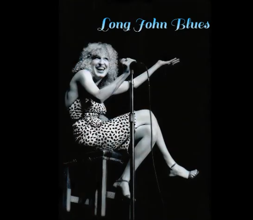 Album cover showing a smiling female singer in a leopard-print dress on stage with a microphone; the title 'Long John Blues' is written in blue script at the top.