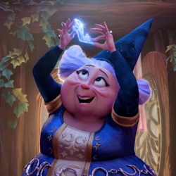 Happy elderly fairy in a blue dress casts a blue spell above her head in a cozy library.
