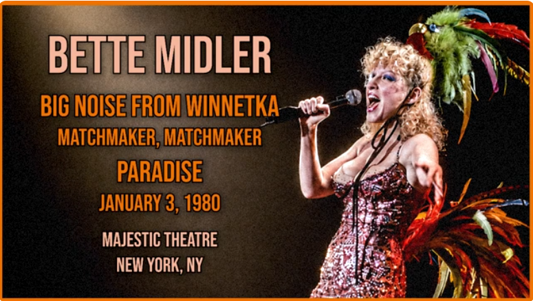 2026-05-27_12-07-02 - bootleg betty Bette Midler concert poster with a sequined performer singing and orange text announcing 'Big Noise From Winnetka' on January 3, 1980 at the Majestic Theatre, New York, NY.