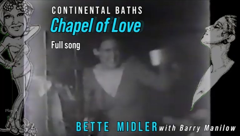 Album cover for Continental Baths: Chapel of Love, featuring Bette Midler with Barry Manilow; vintage cartoon figures frame the title in black-and-white