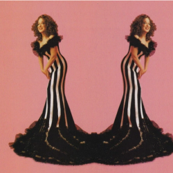 Two Bette Midler's wearing dramatic black-and-white striped mermaid gowns with long black train, posed in a mirror image on a pink background.