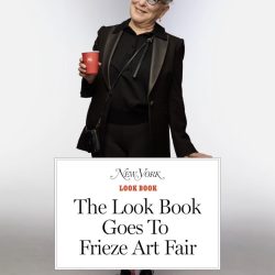 Bette Midler smiling in a black outfit, holding a red cup, with a text panel reading 'New York Look Book: The Look Book Goes To Frieze Art Fair'