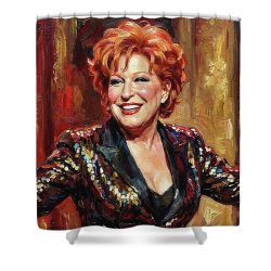 Bette-midler-in-vibrant-attire-john-springfield - bootleg betty Painted portrait of a smiling red-haired woman in a glittery, sequined jacket against a warm background.