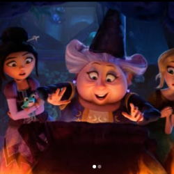2026-05-18_15-07-40 - bootleg betty Three animated characters gather around a glowing cauldron with a smiling witch in a dim cave.