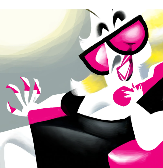 Playful, high-contrast cartoon of Bette Midler with oversized pink sunglasses, laughing with mouth open, wearing a black dress with pink accents and a dynamic pose.
