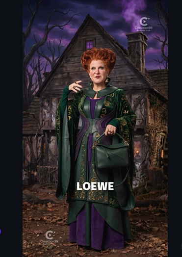 Loewe fashion ad featuring an elegant older woman in a green cape and dress, holding a matching green bag, in front of a spooky house backdrop.