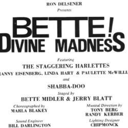 Majestic Theatre poster announcing opening night December 5, 1979, promoting Bette Midler's show with The Staggering Harlettes and Shabba-Doo; includes cast and crew credits.