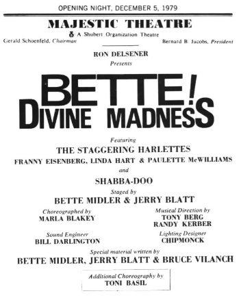 Majestic Theatre poster announcing opening night December 5, 1979, promoting Bette Midler's show with The Staggering Harlettes and Shabba-Doo; includes cast and crew credits.