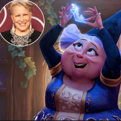 Animated purple-haired, blue-clad character raises glowing blue magic above her hands; inset circle shows a smiling woman wearing a jeweled necklace.