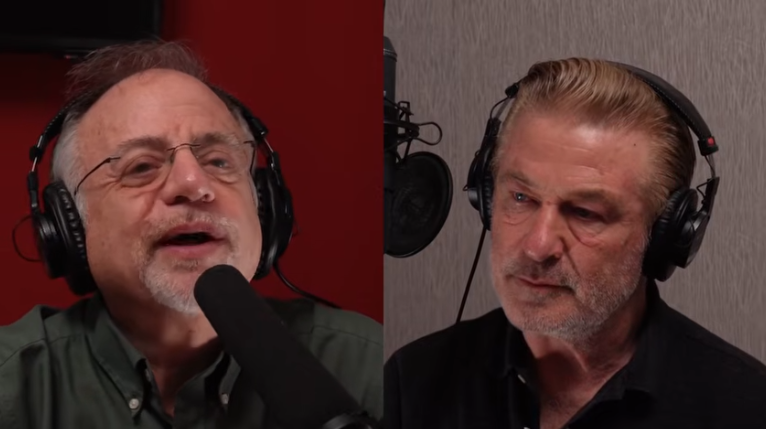 Two men with over-ear headphones speaking into microphones in a split-screen podcast setup.