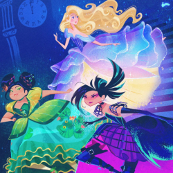 Three princesses in vibrant dresses swirl and dance on a magical blue stage, surrounded by stars and light.” ,