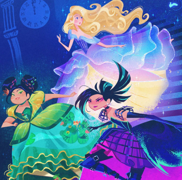 Three princesses in vibrant dresses swirl and dance on a magical blue stage, surrounded by stars and light.” ,
