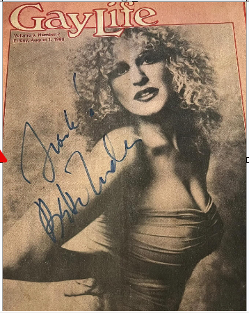 Vintage 'Gay Life' magazine cover featuring a glamorous woman in a strapless dress with a blue autograph across the photo.