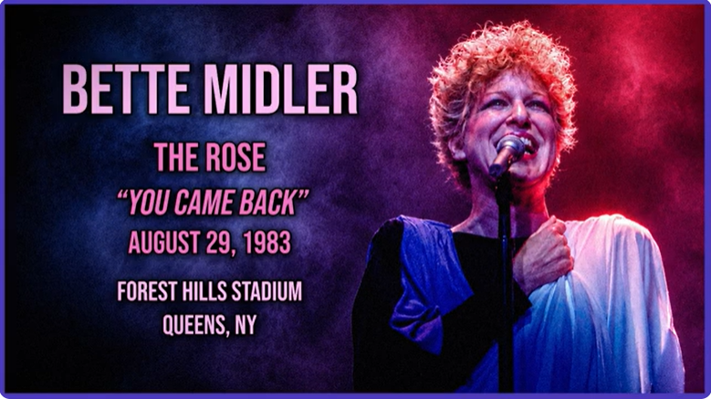 Poster advertising Bette Midler's 1983 concert of 'The Rose' at Forest Hills Stadium, Queens, NY, Aug 29, featuring Midler singing into a mic.
