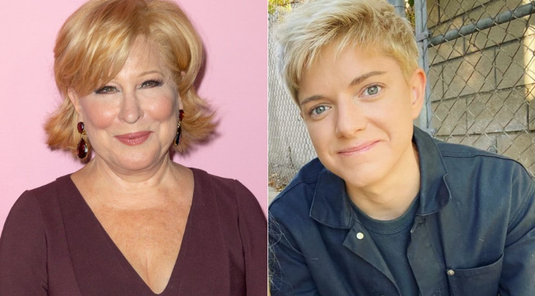 Split image: left a smiling middle-aged woman with blond hair in a maroon top against pink; right a smiling young person with short blond hair in a dark jacket outdoors.