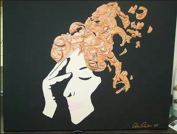 Abstract portrait of Bette Midler with a pale face, hand at her temple, orange curls dissolving into fragments.