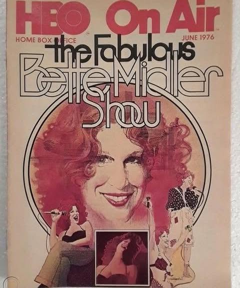 Cover of HBO On Air (June 1976) featuring a pink-toned circular portrait of Bette Midler with the title 'the Fabulous Bette Midler Show' and smaller performer illustrations around the edges.