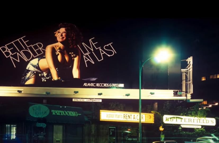 Billboard sign of Bette Midler's Live At Last album
