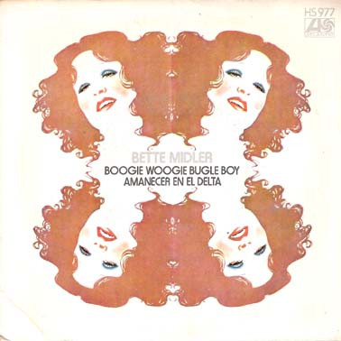 Album cover for Bette Midler's Boogie Woogie Bugle Boy with four mirrored red-haired faces around a white background.