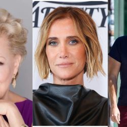Triptych of three people: left an older platinum-blonde woman, center a woman with a blonde bob at an event, right a man in a blue T-shirt walking outdoors.