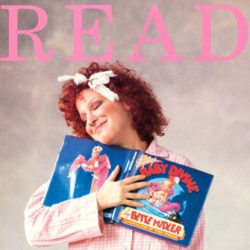 Poster with a smiling woman holding two Bette Midler children's books; large pink 'READ' title above.