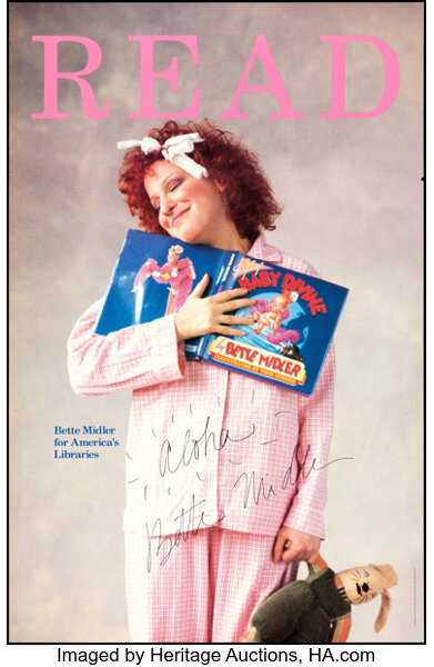 Ha - bootleg betty Poster with a smiling woman holding two Bette Midler children's books; large pink 'READ' title above.