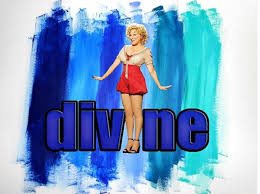 Retro pin-up style illustration: a blonde woman in a red swimsuit stands on the word 'divine' with blue-to-teal paint strokes behind.
