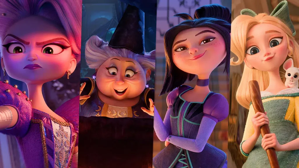 Collage of four animated princesses in bright outfits across separate panels.