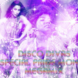 Promo poster with four disco divas in a purple glitter background; text reads 'DISCO DIVAS SPECIAL PERFORMANCE MONTH'.