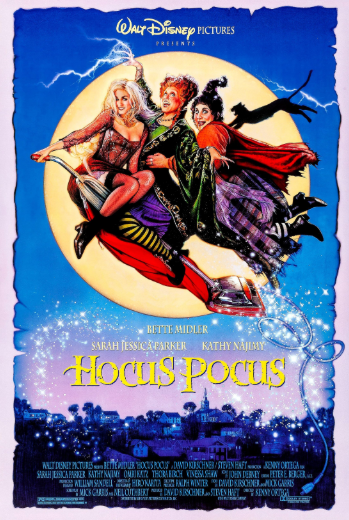 Walt Disney's Hocus Pocus poster showing three witches (the Sanderson sisters) riding broomsticks across a full moon, with a blue night sky and city skyline below; title reads 'Hocus Pocus' with credits at the bottom.
