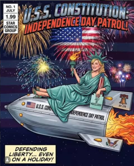Comic cover: Statue of Liberty lounging on a flaming rocket labeled 'U.S.S. Constitution' amid fireworks; caption 'Defending Liberty… Even on a Holiday!'