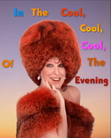 Glamorous woman in a large red fur hat and coat posing against a sunset background with bright multicolored text across the image.