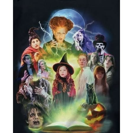 Halloween-themed collage centered on a glowing open spellbook, surrounded by witches, ghosts, a pumpkin, and lightning.