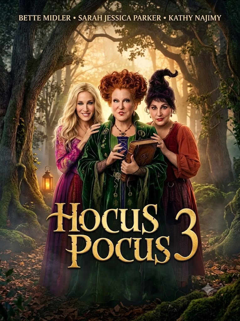 Poster for Hocus Pocus 3 showing three witches in a sunlit forest, with gold title text at top and eerie glow surrounding them.