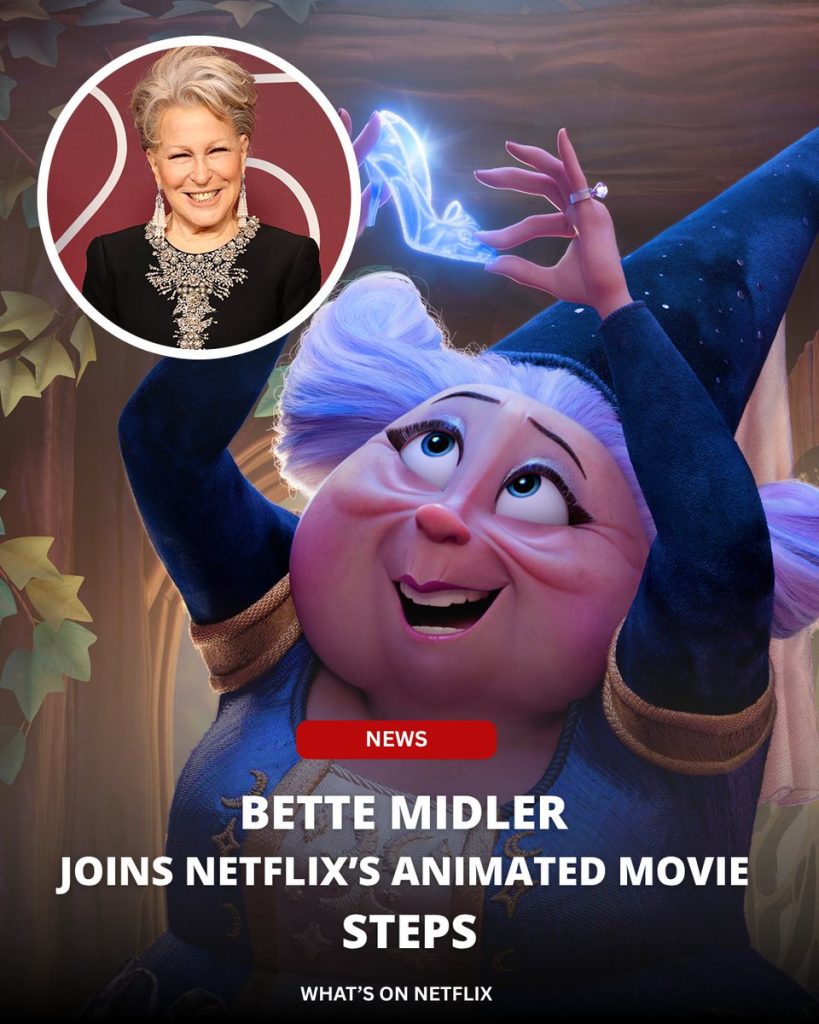 Smiling older woman with silver hair wearing a diamond necklace; circular inset portrait on the left with blue magical glow from a hand on the right.
