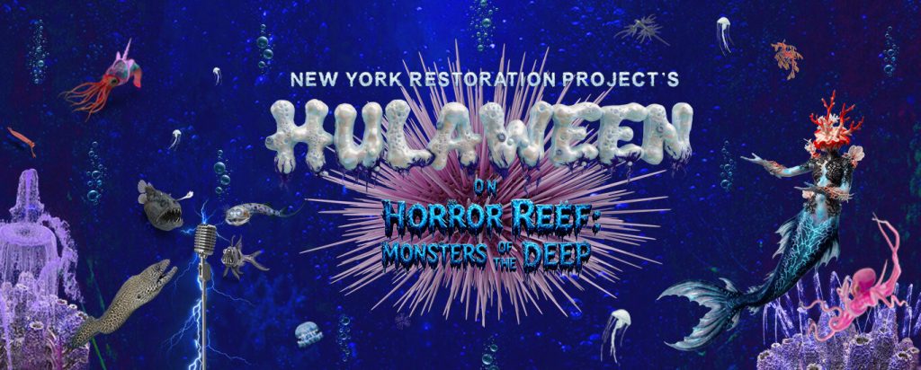 Banner for New York Restoration Project's Hulaween on Horror Reef: Monsters of the Deep, showing underwater creatures, coral, and a mermaid against a blue reef background.