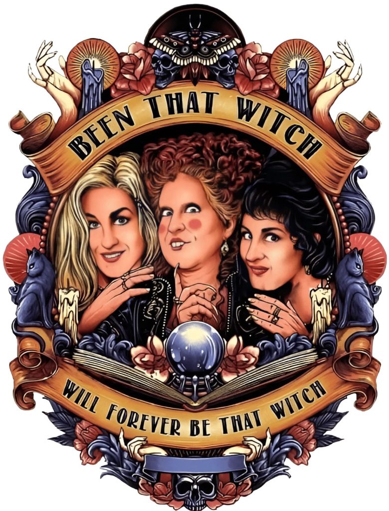 Colorful poster-style illustration of three women posing together with a crystal ball in front, framed by ornate scrollwork and decorative elements including skulls and candles.