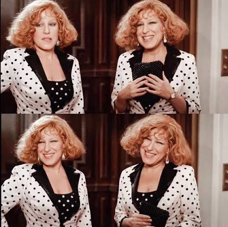 Collage of four frames showing a red-haired woman in a white polka-dot jacket with black trim, posing with a black clutch and smiling in places.